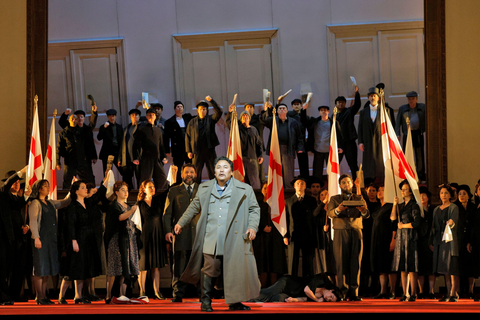 Amartuvshin Enkhbat in the title role, Aleksey Bogdanov as Paolo, Gabriel Natal-Baez as Pietro, and members of the San Francisco Opera Chorus in Verdi's "Simon Boccanegra." Photo: Cory Weaver/San Francisco Opera