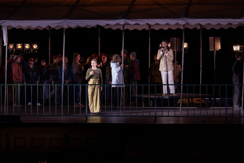 Heidi Stober as Mary, Christopher Sokolowski as Lord Darnley, Hadleigh Adams as David Riccio, and members of the San Francisco Opera Chorus in Thea Musgrave's "Mary, Queen of Scots." Photo: Matthew Washburn/San Francisco Opera