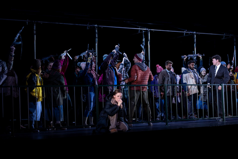 Heidi Stober as Mary, Chance Jonas-O'Toole as Earl of Ruthven, Olivier Zerouali as Earl of Morton, Thomas Mole as James Stewart, and members of the San Francisco Opera Chorus in Thea Musgrave's "Mary, Queen of Scots." Photo: Matthew Washburn/San Francisco Opera