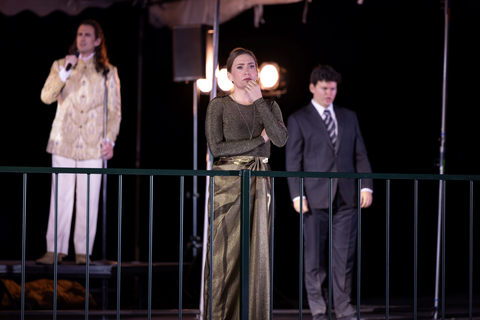 Heidi Stober as Mary with Hadleigh Adams (left) as David Riccio and Thomas Mole (right) as James Stewart in Thea Musgrave's "Mary, Queen of Scots."  Photo: Matthew Washburn/San Francisco Opera