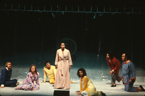 John Brandstetter (King), Susan Quittmeyer (Good Fairy), Michael Myers (Prince), Roberta Alexander (Witch/Anne Sexton), Pamela South (Princess), Stanley Wexler (Neighboring King), John Duykers (Wizard), Transformations, Conrad Susa. San Francisco Opera/SPOT, 1980-81. Photographer: Ron Scherl/San Francisco Opera.