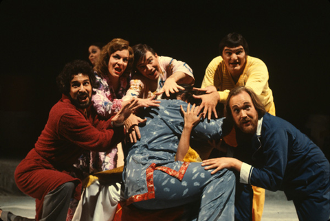 Stanley Wexler (Neighboring King), Roberta Alexander (Witch/Anne Sexton), Susan Quittmeyer (Good Fairy), Robert Tate (Magic Object), John Duykers (Wizard), Michael Myers (Prince), John Brandstetter (King), Transformations, Conrad Susa. San Francisco Opera/SPOT, 1980-81. Photographer: Ron Scherl/San Francisco Opera.