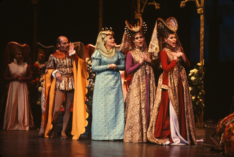 Andrew Potter (Thibaut), Mary Fox (Lady Mary), Ensemble, The Vagabond King, Rudolf Friml. San Francisco Opera/SPOT, 1980-81. Photographer: Ron Scherl/San Francisco Opera.