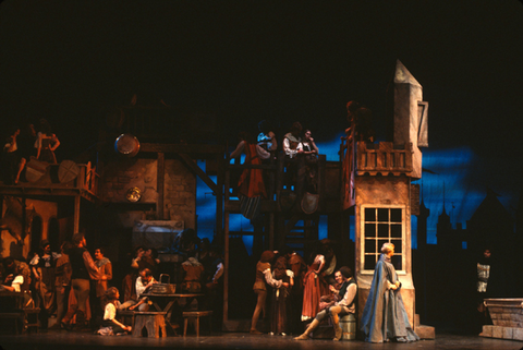 Jay Lowman (King Louis), Ensemble, The Vagabond King, Rudolf Friml. San Francisco Opera/SPOT, 1980-81. Photographer: Ron Scherl/San Francisco Opera.