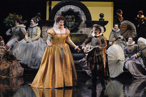 Violeta Urmana (Princesse Eboli), Anne-Sophie Duprels (Thibault), Chorus, Don Carlos, Giuseppe Verdi. San Francisco Opera, 2003-04. Photographer: Larry Merkle/San Francisco Opera.