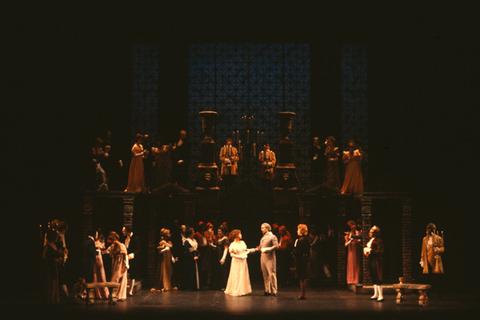 Deborah Longwith (Juliet), James Rensink (Lord Capulet), Gary Harger (Tybalt), Ensemble, Romeo and Juliet, Charles Gounod. San Francisco Opera/SPOT, 1981-82. Photographer: Ron Scherl/San Francisco Opera.