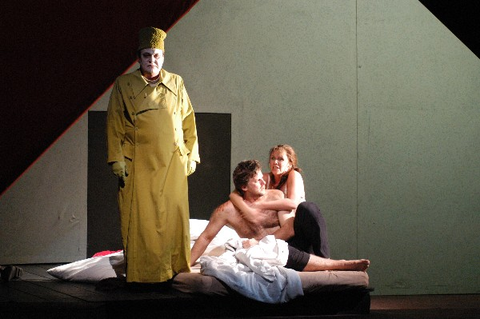 Vladimir Vaneev (Apparition of Boris), Solveig Kringelborn (Katerina Ismailova), Christopher Ventris (Sergei), Lady Macbeth of Mtsensk, Dmitri Shostakovich. San Francisco Opera, 2003-04. Photographer: Larry Merkle/San Francisco Opera.