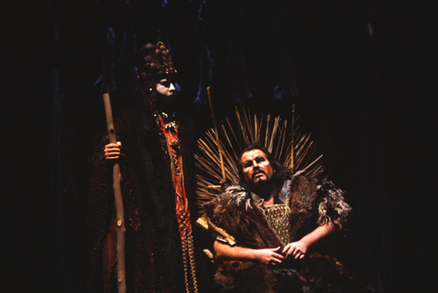 Patrick Neve (Calchas), Timothy Noble (Agamemnon), The Cry of Clytaemnestra, John Eaton. San Francisco Opera/SPOT, 1981-82. Photographer: Ron Scherl/San Francisco Opera.