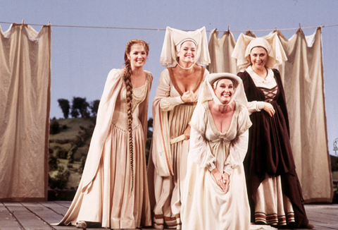 Anna Netrebko (Nannetta), Nancy Gustafson (Mistress Alice Ford), Victoria Livengood (Mistress Meg Page), Elena Zaremba (Mistress Quickly), Falstaff, Giuseppe Verdi. San Francisco Opera, 2001-02. Photographer: Ken Friedman/San Francisco Opera.