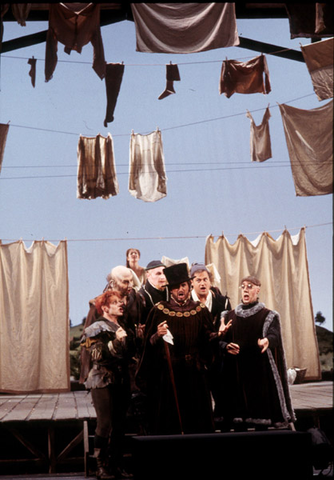 Stanislaw Schwets (Pistola), Jonathan Boyd (Dr. Caius), Dwane Croft (Ford), Paul Groves (Fenton), Dan Stanley (Mr. Page), Falstaff, Giuseppe Verdi. San Francisco Opera, 2001-02. Photographer: Ken Friedman/San Francisco Opera.