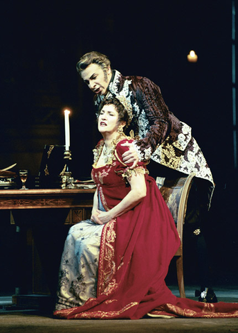 Greer Grimsley (Baron Scarpia), Elizabeth Whitehouse (Tosca), Tosca, Giacomo Puccini. San Francisco Opera, 2001-02. Photographer: Larry Merkle/San Francisco Opera.