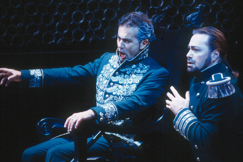 Francesco Ellero d'Artegna (Count Walter), Gidon Saks (Wurm), Luisa Miller, Giuseppe Verdi. San Francisco Opera, 2000-01. Photographer: Ken Friedman/San Francisco Opera.