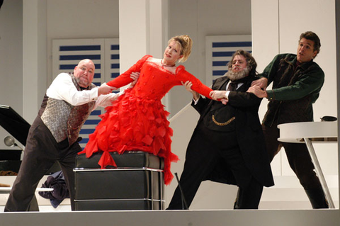 Kevin Glavin (Doctor Bartolo), Joyce DiDonato (Rosina), Matthew Polenzani (Count Almaviva), Thomas Hampson (Figaro), Il Barbiere di Siviglia, Gioachino Rossini. San Francisco Opera, 2003-04. Photographer: Larry Merkle/San Francisco Opera.