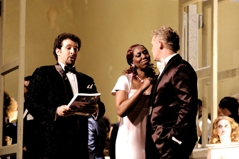 Oren Gradus (Master of Ceremonies), Hope Briggs (Duchess of Parma), Jay Hunter Morris (Duke of Parma), Chorus, Doktor Faust, Ferruccio Busoni. San Francisco Opera, 2003-04. Photographer: Larry Merkle/San Francisco Opera.