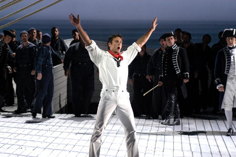 Nathan Gunn (Billy Budd), Chorus, Billy Budd, Benjamin Britten. San Francisco Opera, 2004-05. Photographer: Larry Merkle/San Francisco Opera.