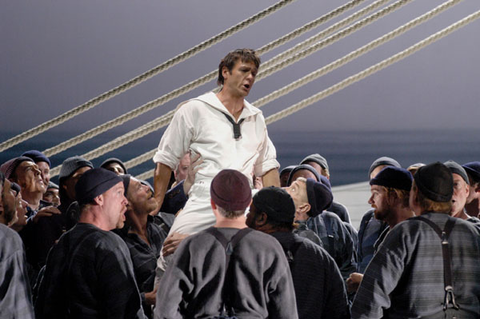 Nathan Gunn (Billy Budd), Chorus, Billy Budd, Benjamin Britten. San Francisco Opera, 2004-05. Photographer: Larry Merkle/San Francisco Opera.