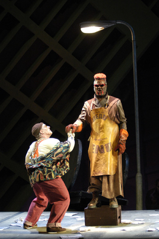 Graham Clark (Piet the Pot), Willard White (Nekrotzar), Le Grand Macabre, György Ligeti. San Francisco Opera, 2004-05. Photographer: Larry Merkle/San Francisco Opera.