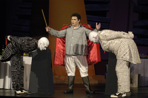 Joshua Bloom (Black Politician), Gerald Thompson (Prince Go-Go), John Duykers (White Politician), Le Grand Macabre, György Ligeti. San Francisco Opera, 2004-05. Photographer: Larry Merkle/San Francisco Opera.