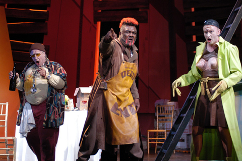 Graham Clark (Piet the Pot), Willard White (Nekrotzar), Clive Bayley (Astradamors), Le Grand Macabre, György Ligeti. San Francisco Opera, 2004-05. Photographer: Larry Merkle/San Francisco Opera.