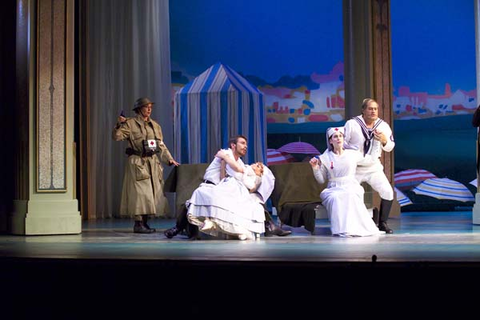 Frederica von Stade (Despina), Nathan Gunn (Guglielmo), Katherine Rohrer (Dorabella), Alexandra Deshorties (Fiordiligi), Paul Groves (Ferrando), Così fan tutte, Wolfgang Amadeus Mozart. San Francisco Opera, 2004-05. Photographer: Terrence McCarthy/San Francisco Opera.