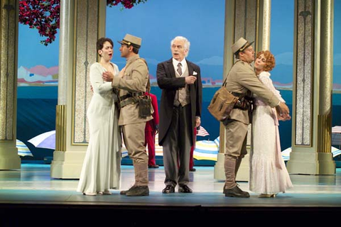 Alexandra Deshorties (Fiorgiligi), Nathan Gunn (Guglielmo), Richard Stilwell (Don Alfonso), Paul Groves (Ferrando), Katherine Rohrer (Dorabella), Così fan tutte, Wolfgang Amadeus Mozart. San Francisco Opera, 2004-05. Photographer: Terrence McCarthy/San Francisco Opera.