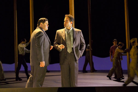 Richard Paul Fink (Edward Teller), Gerard Finley (J. Robert Oppenheimer), Ensemble, Doctor Atomic, John Adams. San Francisco Opera, 2005-06. Photographer: Terrence McCarthy/San Francisco Opera.