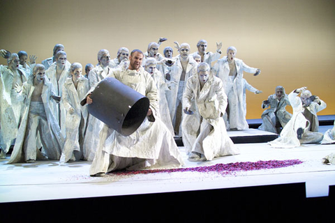 Lucas Meachem (Fra Melitone), Chorus, La Forza del Destino, Giuseppe Verdi. San Francisco Opera, 2005-06. Photographer: Terrence McCarthy/San Francisco Opera.