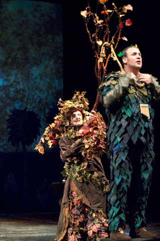 Pamela Rosenbert (Thr Tree), Lucas Meachem (Papageno), Die Zauberflote, Wolfgang Amadeus Mozart. San Francisco Opera 2005-06. Photographer: Terrence McCarthy/San Francisco Opera.