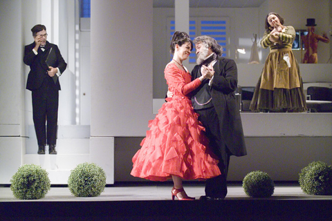 Phillip Ens (Don Basilio), Allyson McHardy (Rosina), John Osborn (Count Almaviva), Catherine Cook (Berta), The Barber of Seville for Families, Gioachino Rossini. San Francisco Opera, 2006-07. Photographer: Terrence McCarthy/San Francisco Opera.