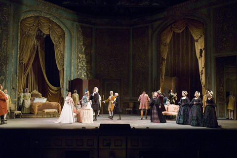 Soile Isokoski (Marschallin), Jeremy Galyon (A Notary), Ensemble, Der Rosenkavalier, Richard Strauss. San Francisco Opera, 2006-07. Photographer: Terrence McCarthy/San Francisco Opera.