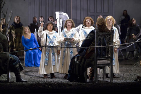 Petra Maria Schnitzer (Elisabeth), Toran Davenport (A Page), Gregory Foken (A Page), Clarens Caine (A Page), Jack Garlin (A Page), Ensemble, Tannhäuser, Richard Wagner. San Francisco Opera, 2007-08. Photographer: Terrence McCarthy/San Francisco Opera.