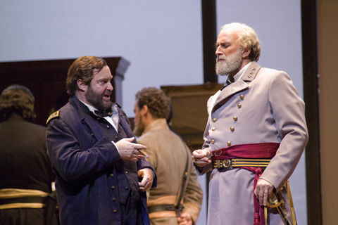 Andrew Shore (Ulysses S. Grant), Dwayne Croft (Robert E. Lee), Ensemble, Appomattox, Philip Glass. San Francisco Opera, 2007-08. Photographer: Terrence McCarthy/San Francisco Opera.