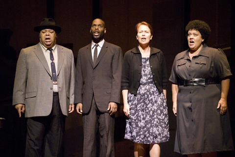 Frederick Matthews (An Old Man), Antoine Garth (A Young Man), Virginia Pluth (Civil Rights Marcher), Claudia Siefer (Civil Rights Marcher), Appomattox, Philip Glass. San Francisco Opera, 2007-08. Photographer: Terrence McCarthy/San Francisco Opera.