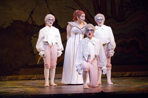 Christopher Borglum (First Boy), Dina Kuznetsova (Pamina), Zachary Marius Pedersen (Second Boy), John Riberio-Broomhead (Third Boy), Die Zauberflöte, Wolfgang Amadeus Mozart. San Francisco Opera, 2007-08. Photographer: Terrence McCarthy/San Francisco Opera.