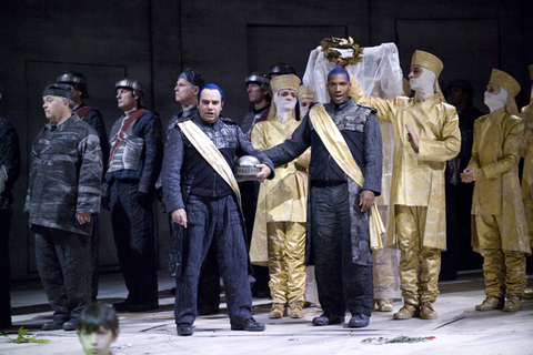 Alfredo Portilla (Macduff), Noah Stewart (Malcolm), Chorus, Supernumeraries, Macbeth, Giuseppe Verdi. San Francisco Opera, 2007-08. Photographer: Terrence McCarthy/San Francisco Opera.