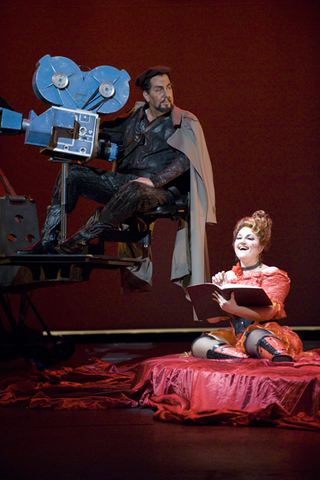 James Morris (Nick Shadow), Catherine Cook (Mother Goose), The Rake's Progress, Igor Stravinsky. San Francisco Opera, 2007-08. Photographer: Terrence McCarthy/San Francisco Opera.