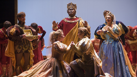 Sonia Prina (Polinesso), Ruth Ann Swenson (Ginevra), Eric Owens (King of Scotland), Susan Graham (Ariodante), Veronica Cangemi (Dalinda), Chorus, Ariodante, George Frideric Handel. San Francisco Opera, 2007-08. Photographer: Terrence McCarthy/San Francisco Opera.