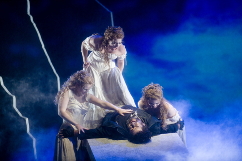 Buffy Baggott (Flosshilde), Catherine Cangiano (Woglinde), Lauren McNeese (Wellgunde), Richard Paul Fink (Alberich), Das Rheingold, Richard Wagner. San Francisco Opera, 2007-08. Photographer: Terrence McCarthy/San Francisco Opera.