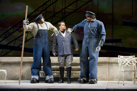 Günther Groissböck (Fafner), Mark Delavan (Wotan), Andrea Silvestrelli (Fasolt), Das Rheingold, Richard Wagner. San Francisco Opera, 2007-08. Photographer: Terrence McCarthy/San Francisco Opera.