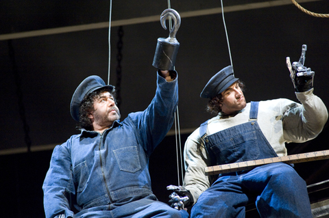 Andrea Silvestrelli (Fasolt), Günther Groissböck (Fafner), Das Rheingold, Richard Wagner. San Francisco Opera, 2007-08. Photographer: Terrence McCarthy/San Francisco Opera.