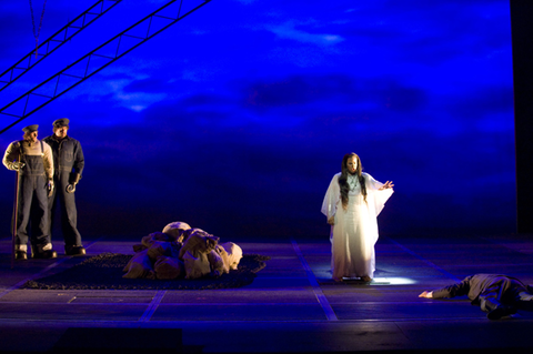 Günther Groissböck (Fafner), Andrea Silvestrelli (Fasolt), Jill Grove (Erda), Das Rheingold, Richard Wagner. San Francisco Opera, 2007-08. Photographer: Terrence McCarthy/San Francisco Opera.