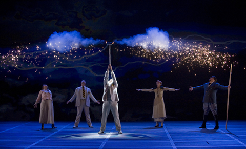 Jennifer Larmore (Fricka), Jason Collins (Froh), Charles Taylor (Donner), Tamara Wapinsky (Freia), Mark Delavan (Wotan), Das Rheingold, Richard Wagner. San Francisco Opera, 2007-08. Photographer: Terrence McCarthy/San Francisco Opera.