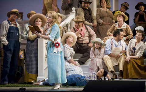 Inva Mula (Adina), Ensemble, L'Elisir d'Amore, Gaetano Donizetti. San Francisco Opera, 2008-09. Photographer: Terrence McCarthy/San Francisco Opera.