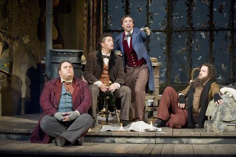 Quinn Kelsey (Marcello), Piotr Beczala (Rodolfo), Brian Leerhuber (Schaunard), Oren Gradus (Colline), La Bohème, Giacomo Puccini. San Francisco Opera, 2008-09. Photographer: Terrence McCarthy/San Francisco Opera.