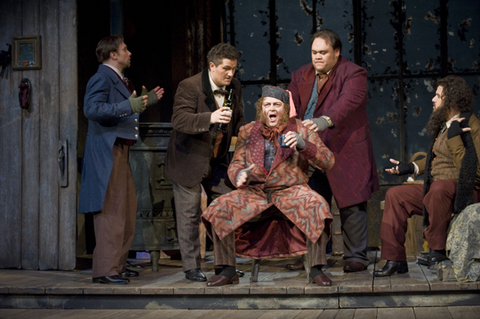 Brian Leerhuber (Schaunard), Piotr Beczala (Rodolfo), Dale Travis (Benoit), Quinn Kelsey (Marcello), Oren Gradus (Colline), La Bohème, Giacomo Puccini. San Francisco Opera, 2008-09. Photographer: Terrence McCarthy/San Francisco Opera.