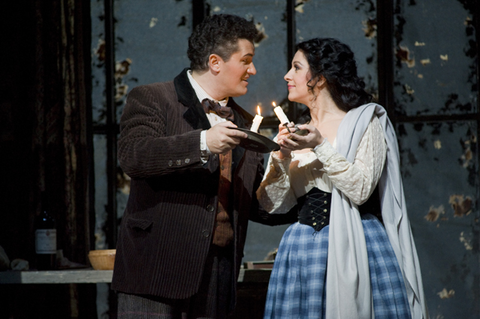 Piotr Beczala (Roldofo), Angela Gheorghiu (Mimì), La Bohème, Giacomo Puccini. San Francisco Opera, 2008-09. Photographer: Terrence McCarthy/San Francisco Opera.