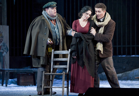 Quinn Kelsey (Marcello), Angela Gheorghiu (Mimì), Piotr Beczala (Rodolfo), La Bohème, Giacomo Puccini. San Francisco Opera, 2008-09. Photographer: Terrence McCarthy/San Francisco Opera.