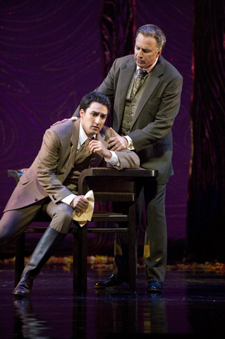 Charles Castronovo (Alfredo Germont), Dwayne Croft (Giorgio Germont), La Traviata, Giuseppe Verdi. San Francisco Opera, 2008-09. Photographer: Terrence McCarthy/San Francisco Opera.