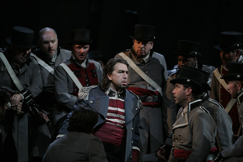 Burak Bilgili (Ferrando), Chorus, Il Trovatore, Guiseppe Verdi. San Francisco Opera, 2009-10. Photographer: Cory Weaver/San Francisco Opera.