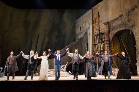 Bows, Andrew Bidlack (Ruiz), Dmitri Hvorostovsky (Count di Luna), Sondra Radvanovsky (Leonora), Nicola Luisotti (Conductor), Marco Berti (Manrico), Stephanie Blythe (Azucena), Burak Bilgli (Ferrando), Renee Tatum (Inez), Il Trovatore, Guiseppe Verdi. San Francisco Opera, 2009-10. Photographer: Terrence McCarthy/San Francisco Opera.